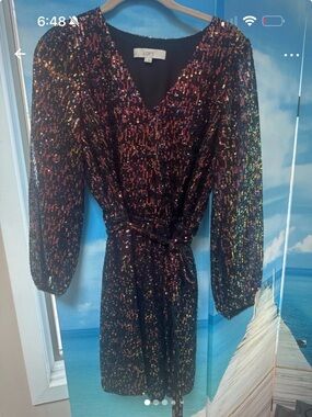 LOFT Black Multicolor Sequin Wrap Dress